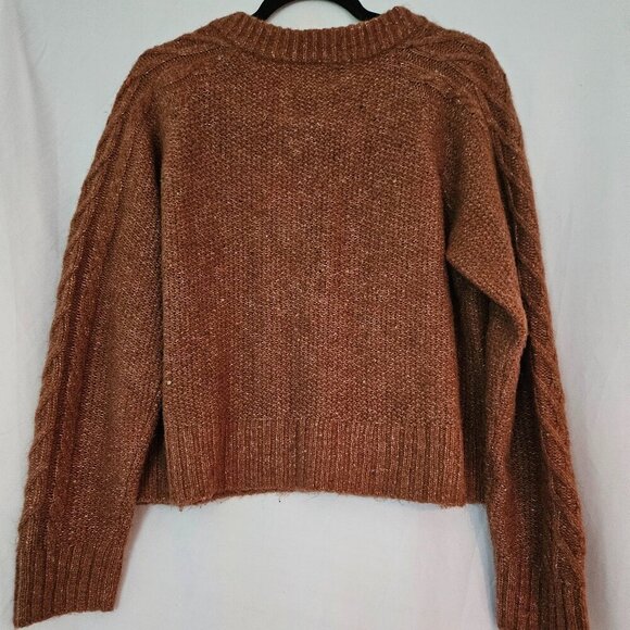 Old Navy L Brown Burnt Orange Cable Knit Cardigan Fisherman Sweater Academia - Picture 4 of 7